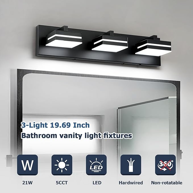 Joossnwell Black Vanity Lights for Bathroom Dimmable 5CCT (3-Light, 19.69-Inch) Modern Bathroom Light Fixtures Over Mirror Led Bath Vanity Lighting