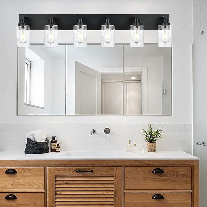 Modern Bathroom Vanity Light 6-Light Lamp in Black, Farmhouse Wall Light Fixture with Seeded Glass Shades Indoor Wall Lamp