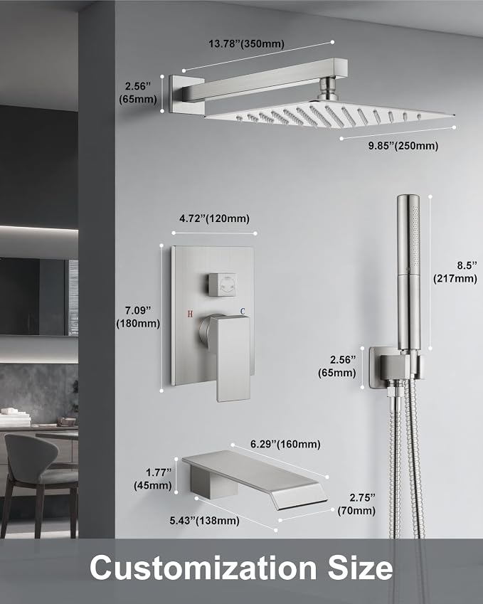 Aolemi Shower System with Tub Spout and Valve Brushed Nickel | 10-Inch Square Wall Mounted Rainfall Shower Head and Handheld,3-Function Bathtub Shower Faucet Set