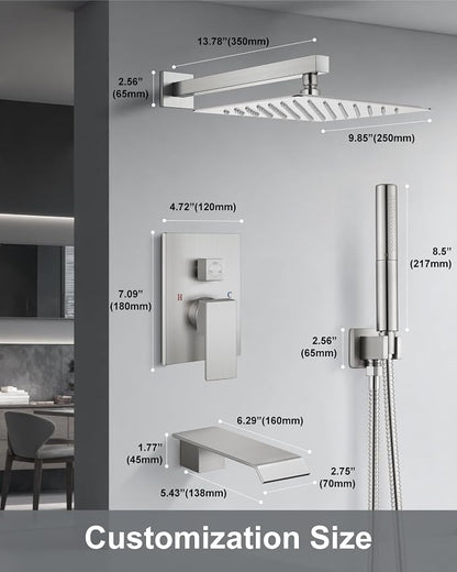 Aolemi Shower System with Tub Spout and Valve Brushed Nickel | 10-Inch Square Wall Mounted Rainfall Shower Head and Handheld,3-Function Bathtub Shower Faucet Set