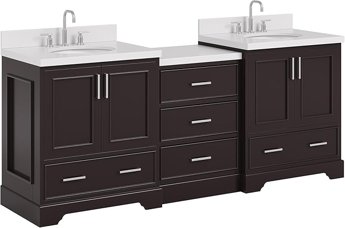 ARIEL Stafford 84-inch Bathroom Vanity with Sink,Solid Wood, 1.5in Pure White Quartz Countertop & Backsplash, Double Oval Porcelain Sink, 4 Soft Closing Doors, 5 Dovetail Drawers, Espresso
