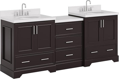 ARIEL Stafford 84-inch Bathroom Vanity with Sink,Solid Wood, 1.5in Pure White Quartz Countertop & Backsplash, Double Oval Porcelain Sink, 4 Soft Closing Doors, 5 Dovetail Drawers, Espresso