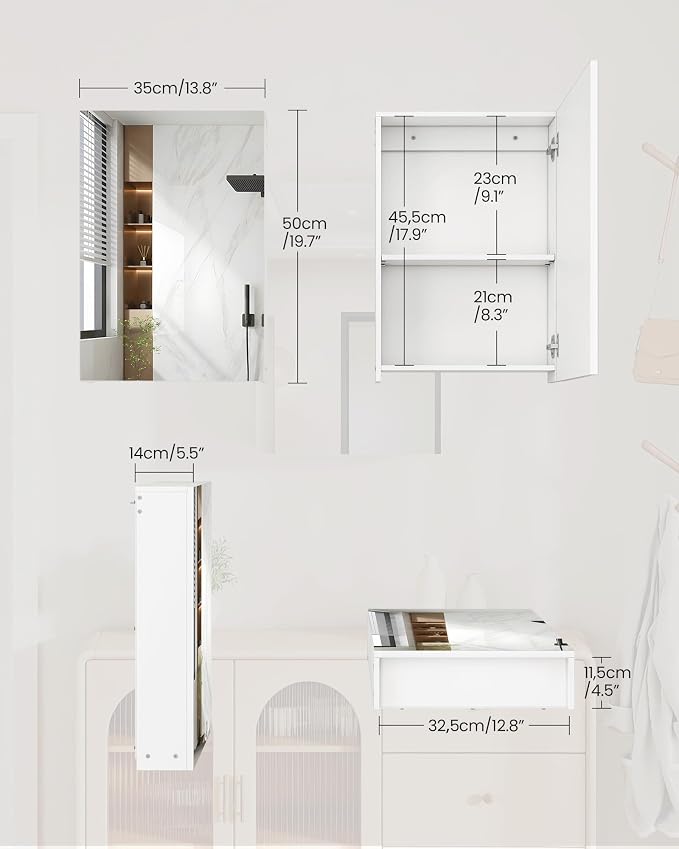 CHOEZON Bathroom Medicine Mirror Cabinet, 13.8'' x 19.7'', Wall-Mounted Bathroom Vanity with Mirror, Bathroom Medicine Cabinet with Storage Function, Hanging Storage Cabinet, Adjustable Shelves, White