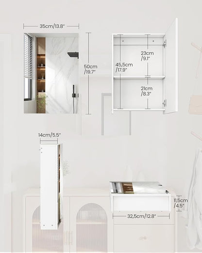CHOEZON Bathroom Medicine Mirror Cabinet, 13.8'' x 19.7'', Wall-Mounted Bathroom Vanity with Mirror, Bathroom Medicine Cabinet with Storage Function, Hanging Storage Cabinet, Adjustable Shelves, White