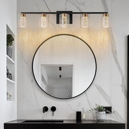 SineRise 5-Light Black and Gold Vanity Light with 3 Color Modes (3000K/4000K/6000K), Eye Protection LED Bathroom Light Fixture, Dimmable Modern Wall Light Over Mirror with Clear Glass Shade