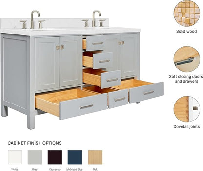 ARIEL Cambridge 60-inch Bathroom Vanity with Sink,Solid Wood, 1.5-inch Carrara White Quartz Countertop, Double Rectangular Porcelain Sink, 4 Soft Closing Doors, 6 Dovetail Drawers, Grey