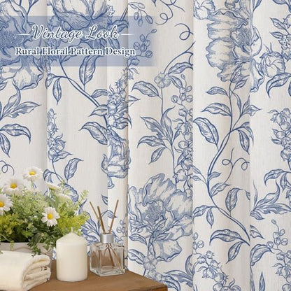 Blue Boho Linen Fabric Shower Curtain , Farmhouse Floral For Bathroom