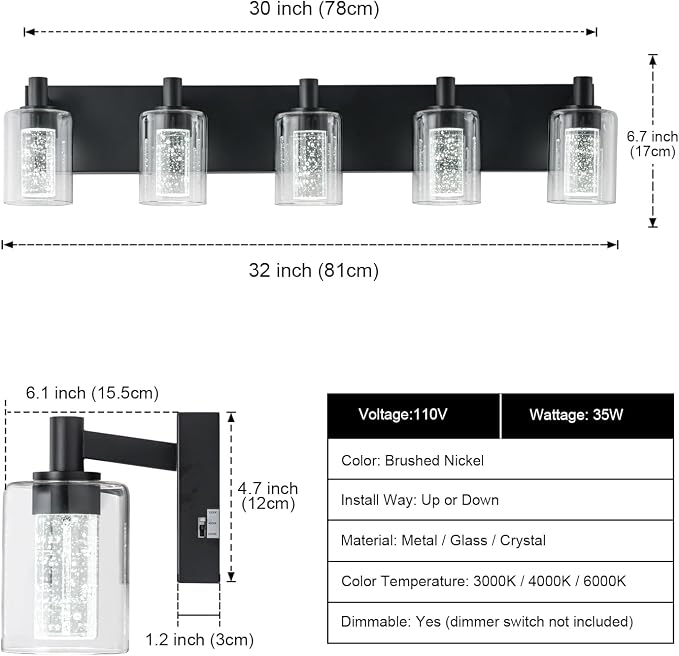 SineRise Vanity Light with 3 Color Modes (3000K/4000K/6000K), Eye Protection LED Bathroom Light Fixture, Dimmable Modern Wall Light Over Mirror with Clear Glass Shade (Black, 5-Light)