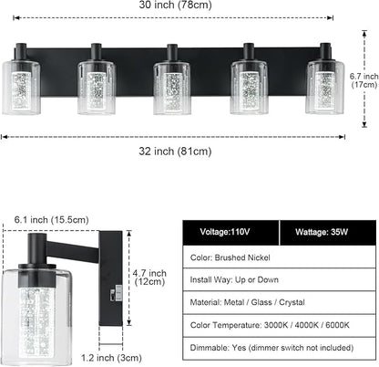 SineRise Vanity Light with 3 Color Modes (3000K/4000K/6000K), Eye Protection LED Bathroom Light Fixture, Dimmable Modern Wall Light Over Mirror with Clear Glass Shade (Black, 5-Light)