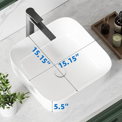 KINGWONG 15" Ceramic Vessel Sink, White Square Bathroom Sink Above Counter | Easy-Clean Porcelain Vanity Sink with Rounded Corner & No Overflow, Compact 15.15" Design for RV, Powder Room, Small Space
