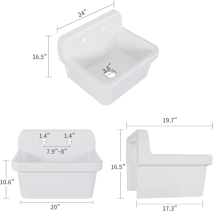 Garvee Utility Sink 24 x 20 Inch, Ceramic Laundry Sink with High Backsplash, Wall Mount, Farmhouse Design, Perfect for Garage, Washing Room, Kitchen, Bathroom