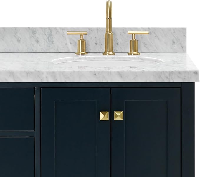 ARIEL Cambridge 66-inch Bathroom Vanity with Sink,Solid Wood, 1.5-inch Italian Carrara Marble Countertop, Double Oval Porcelain Sink, 4 Soft Closing Doors, 6 Dovetail Drawers, Midnight Blue
