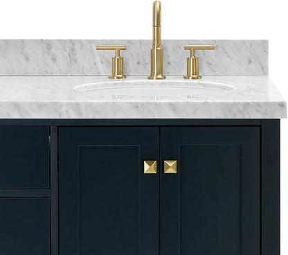 ARIEL Cambridge 66-inch Bathroom Vanity with Sink,Solid Wood, 1.5-inch Italian Carrara Marble Countertop, Double Oval Porcelain Sink, 4 Soft Closing Doors, 6 Dovetail Drawers, Midnight Blue