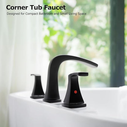 Waterfall 2 Handle Widespread Roman Tub Faucet Matte Black | 3 Hole Deck Mount Bathtub Filler with Valve & Supply Lines