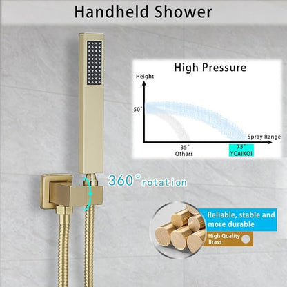 Brushed Gold Shower System YCAIKOI Wall Mount Shower Faucet Set for Bathroom 10 Inch High Pressure Luxury Shower Head with Handheld, Rough-in Valve Body and Trim Included