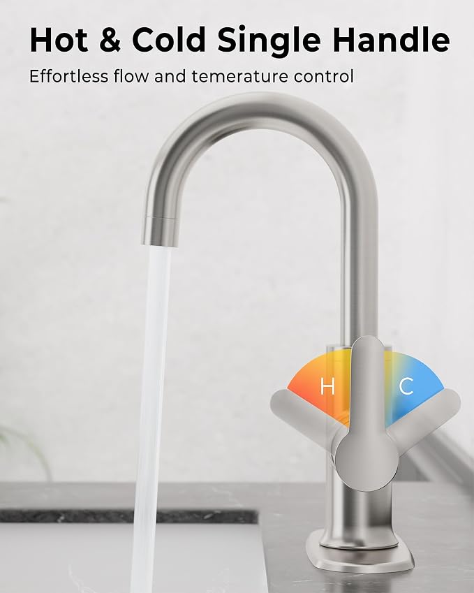 VXV Bathroom faucets Single Handle 360° Swivel Gooseneck Spout Optional Deckplate Bar Sink Faucet with Pop-up Drain and Hoses Brushed Nickel