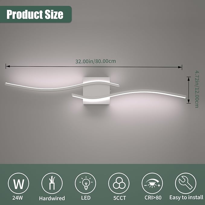 LED Bathroom Vanity Light 5CCT 32in, Brushed Nickel | 2700K-6500K Selectable, CRI>80, Rust-Proof Metal & Acrylic, ETL Certified, For Bathroom Mirrors, Washrooms, Vanity Areas
