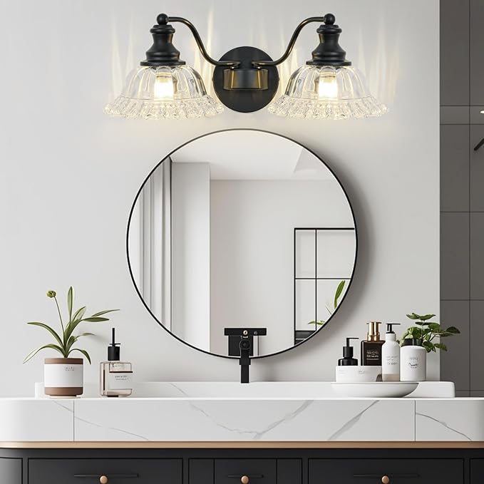 Black Bathroom Light Fixtures Over Mirror, 2 Light Vintage Bathroom Vanity Light Fixture with Clear Flower Glass Shades, Retro Vanity Lights for Bathroom, Bathroom Vanity Lights Over Mirror