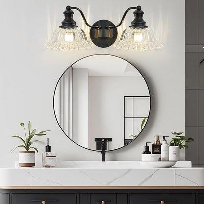 Black Bathroom Light Fixtures Over Mirror, 2 Light Vintage Bathroom Vanity Light Fixture with Clear Flower Glass Shades, Retro Vanity Lights for Bathroom, Bathroom Vanity Lights Over Mirror