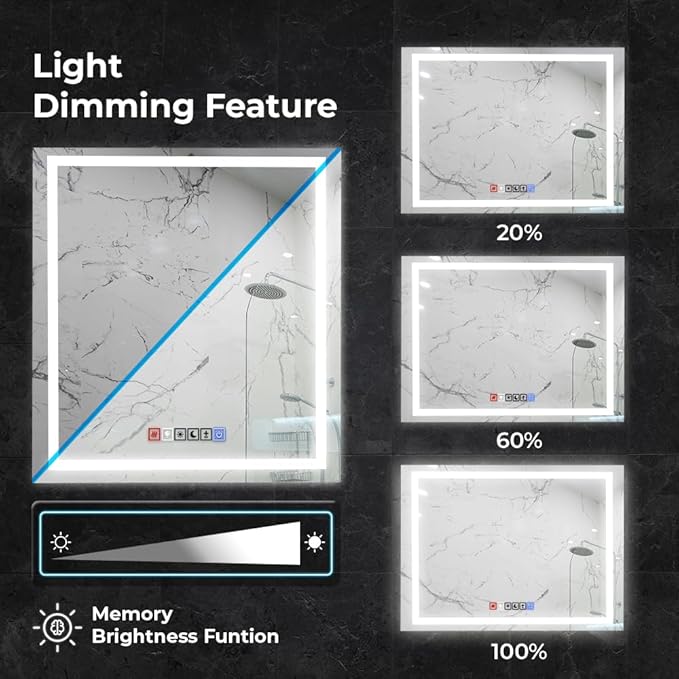 20x30 Inch Rectangular LED Bathroom Mirror with Lights Front and Backlit, 3 Color Modes, Touch Dimmer, Anti-Fog - Wall Mounted Vanity Mirror for Bathroom, Bedroom - Fab Glass and Mirror