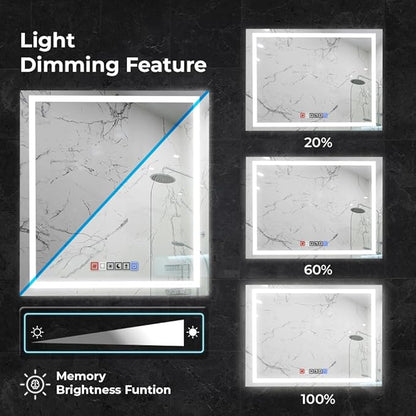 48x30 Inch Rectangular LED Bathroom Mirror with Lights Front and Backlit, 3 Color Modes, Touch Dimmer, Anti-Fog - Wall Mounted Vanity Mirror for Bathroom, Bedroom - Fab Glass and Mirror