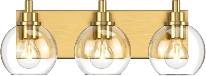 IZORRO Bathroom Light Fixtures, 3-Light Brushed Gold Vanity Light, Modern Wall Sconces with Globe Clear Glass Shade, Vanity Lighting Fixtures Over Mirror,E26 Bulb Socket
