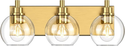 IZORRO Bathroom Light Fixtures, 3-Light Brushed Gold Vanity Light, Modern Wall Sconces with Globe Clear Glass Shade, Vanity Lighting Fixtures Over Mirror,E26 Bulb Socket