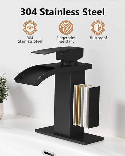 Waterfall Bathroom Faucet 1 Hole, Single Hole Bathroom Faucet, Single Handle Vanity Sink Faucet with Deck Plate, Pop-up Drain & Supply Lines, Matte Black