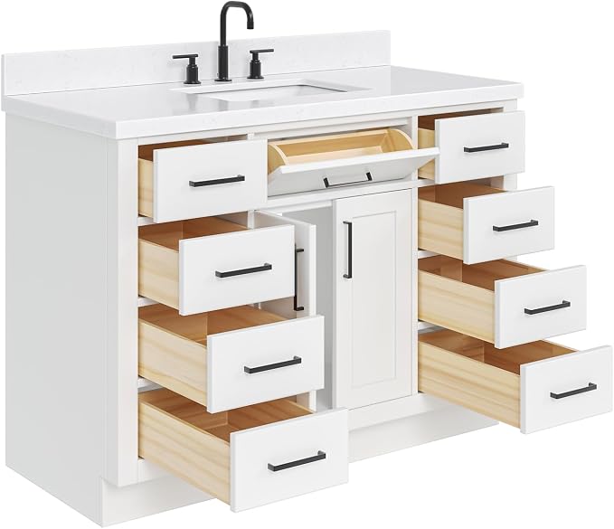 Isabella 48-Inch Bathroom Vanity with Sink — White Single Sink Bathroom Vanity, 1.5" Edge Carrara Quartz Countertop, Solid Wood, 2 Soft-Close Doors, 8 Dovetail Drawers + Tilt Drawer