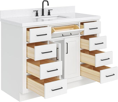 Isabella 48-Inch Bathroom Vanity with Sink — White Single Sink Bathroom Vanity, 1.5" Edge Carrara Quartz Countertop, Solid Wood, 2 Soft-Close Doors, 8 Dovetail Drawers + Tilt Drawer