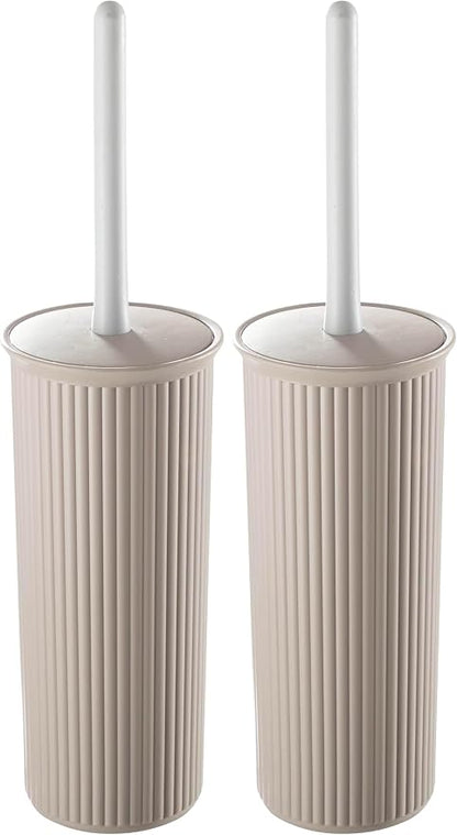 Superio Ribbed Collection - Decorative Plastic Toilet Bowl Brush and Holder Set, Taupe (2 Pack) Cleaner Scrubber for Bathroom