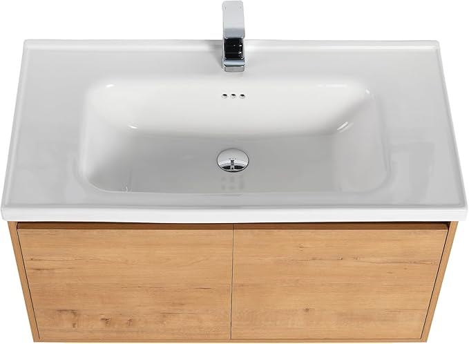 Blossom 36 Inch Wall Mounted Bathroom Vanity with Sink | Floating Wood Vanity Cabinet | Modern Soft-Close Doors & Storage | Ceramic Basin | Space-Saving Design (Classic Oak, 36'' Ceramic Sink)