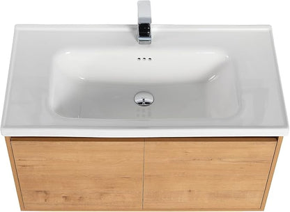 Blossom 36 Inch Wall Mounted Bathroom Vanity with Sink | Floating Wood Vanity Cabinet | Modern Soft-Close Doors & Storage | Ceramic Basin | Space-Saving Design (Classic Oak, 36'' Ceramic Sink)
