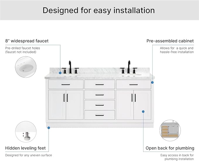 ARIEL Hepburn 72-inch Bathroom Vanity with Sink,Solid Wood, 1.5-inch Italian Carrara Marble Countertop & Backsplash, Double Oval Porcelain Sink, 4 Soft Closing Doors, 6 Dovetail Drawers, White