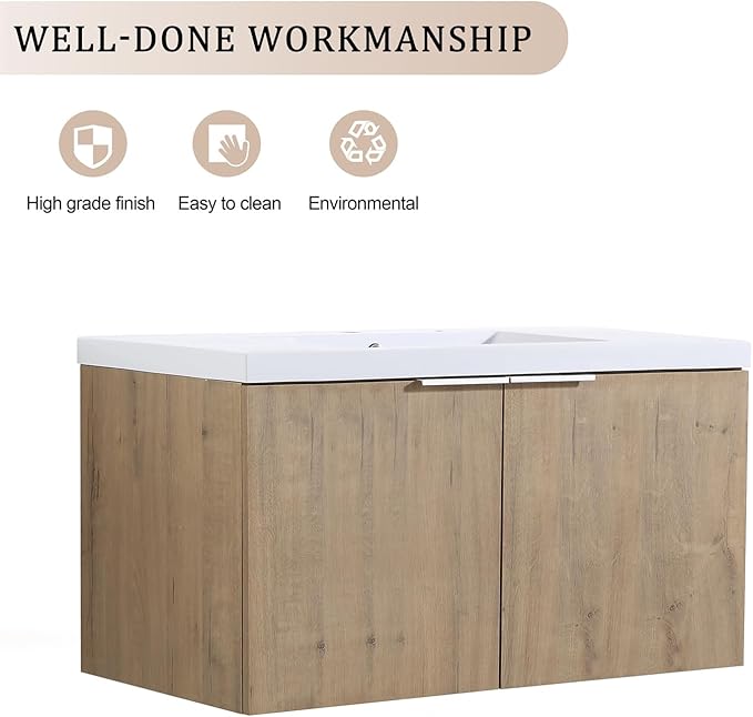 Wall Mount 36 Inch Bathroom Vanity W/Sink Combo for Small Space, Modern Design Vanity Cabinet Gel Basin Countertop, Float Mounting Design Cabinet Set with Double Doors (Oak, 35.4''x18.1''x19.3'')