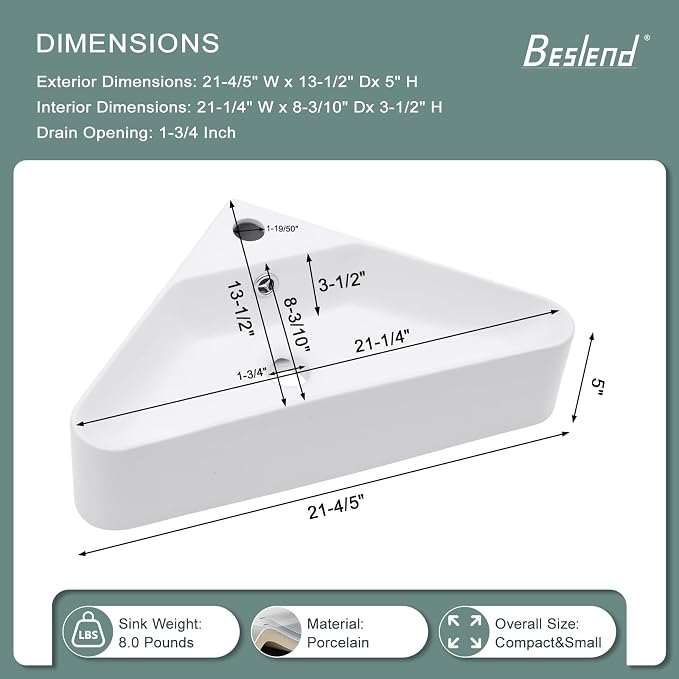 Corner Wall Mount Bathroom Sink | Beslend 21"x8" Inch White Ceramic Vessel Sink, Triangle Corner Sinks Art Basin with Overflow and Single Hole