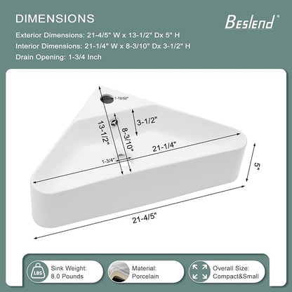 Corner Wall Mount Bathroom Sink | Beslend 21"x8" Inch White Ceramic Vessel Sink, Triangle Corner Sinks Art Basin with Overflow and Single Hole