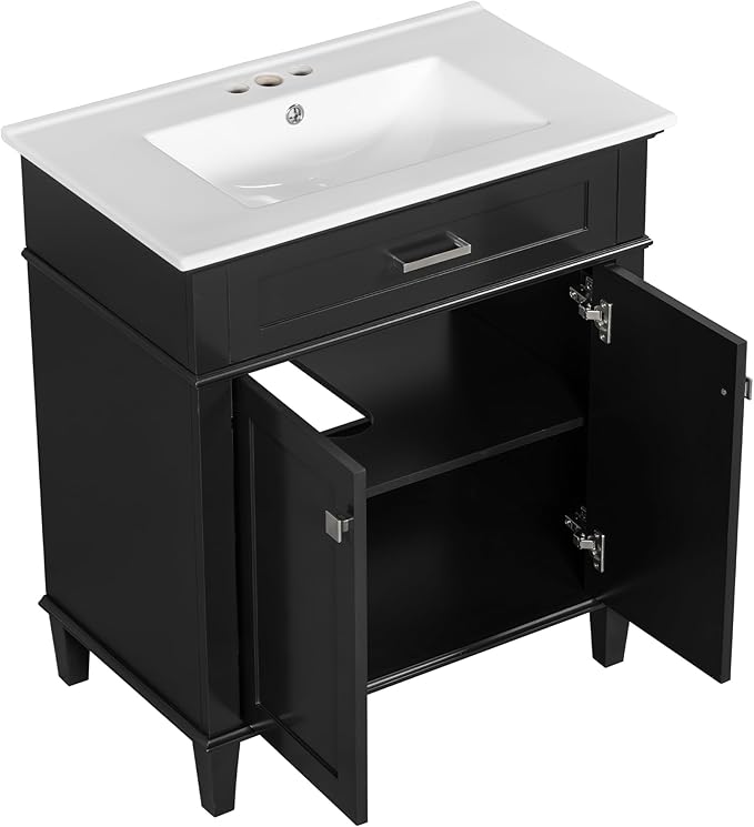 Favfurish 30" Bathroom Vanity with Ceramic Sink,Undermount Single Basin Bath Vanity Set w/2 Soft-Close Doors and Adjustable Shelf,Modern Freestanding Storage Cabinet,Solid Wood Frame,Black