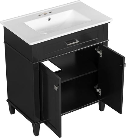 Favfurish 30" Bathroom Vanity with Ceramic Sink,Undermount Single Basin Bath Vanity Set w/2 Soft-Close Doors and Adjustable Shelf,Modern Freestanding Storage Cabinet,Solid Wood Frame,Black