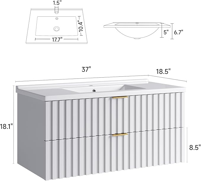 ONBRILL 36 Inch Bathroom Vanity with Sink Combo, Floating Bathroom Vanity with 2 Fluted Drawers & Metal Handle, Modern Wall Mount Storage Cabinet with Ceramic Integrated Sink for Small Space (White)