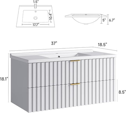 ONBRILL 36 Inch Bathroom Vanity with Sink Combo, Floating Bathroom Vanity with 2 Fluted Drawers & Metal Handle, Modern Wall Mount Storage Cabinet with Ceramic Integrated Sink for Small Space (White)
