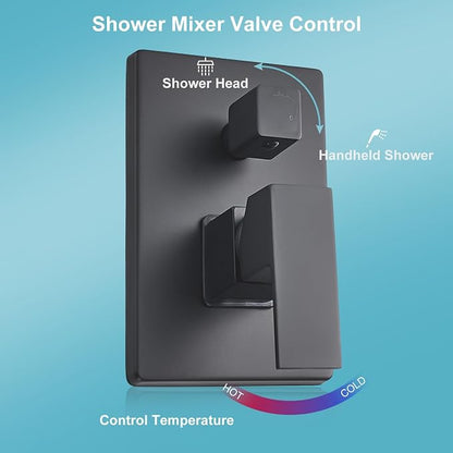 10 Inch Shower Faucet Set, Wall-Mounted Rainfall Shower System with High Pressure Handheld Shower Head, Bathroom Mixer Shower Set Wall Mounted Rough-in Valve and Trim Kit, Matte Black
