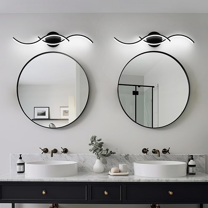 Black Curved Curved 5CCT Bathroom Vanity Light Fixture Over Mirror, 23.62 inch Modern LED Wall Lamp Dimmable Bathroom Light Fixture Modern Wall Sconces