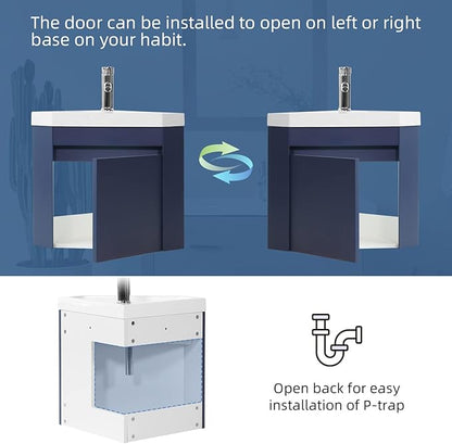 wonline 16" Corner Bathroom Vanity Sink Combo for Small Space Wall Mounted Cabinet Set Design Navy Resin Basin Sink Top Chrome Faucet and Drain