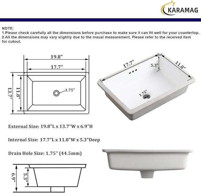 20 Inch Undermount Bathroom Sink Rectangle Undermount Sink White Ceramic Under Counter Bathroom Sinks with Overflow (19.8"x13.7")
