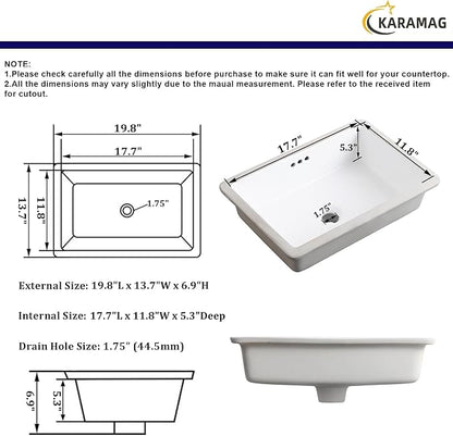 20 Inch Undermount Bathroom Sink Rectangle Undermount Sink White Ceramic Under Counter Bathroom Sinks with Overflow (19.8"x13.7")
