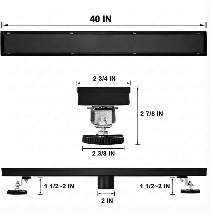 Linear Shower Floor Drain, Black 40 Inch 304 Stainless Steel Bathroom Drains Kit, Rectangular Shower Trench Drain with Reversable Tile-in Pattern Drain Cover & Hair Catcher