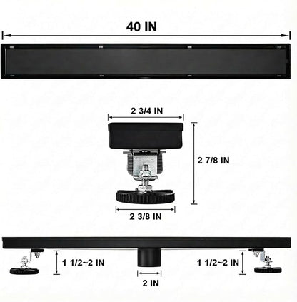 Linear Shower Floor Drain, Black 40 Inch 304 Stainless Steel Bathroom Drains Kit, Rectangular Shower Trench Drain with Reversable Tile-in Pattern Drain Cover & Hair Catcher