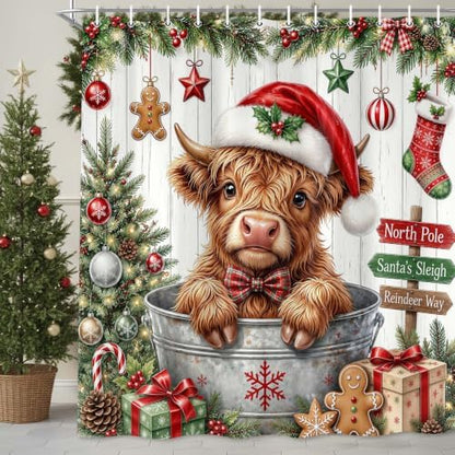 Christmas Highland Cow Shower Curtain Cute Farmhouse Bathroom Decor 72x72in