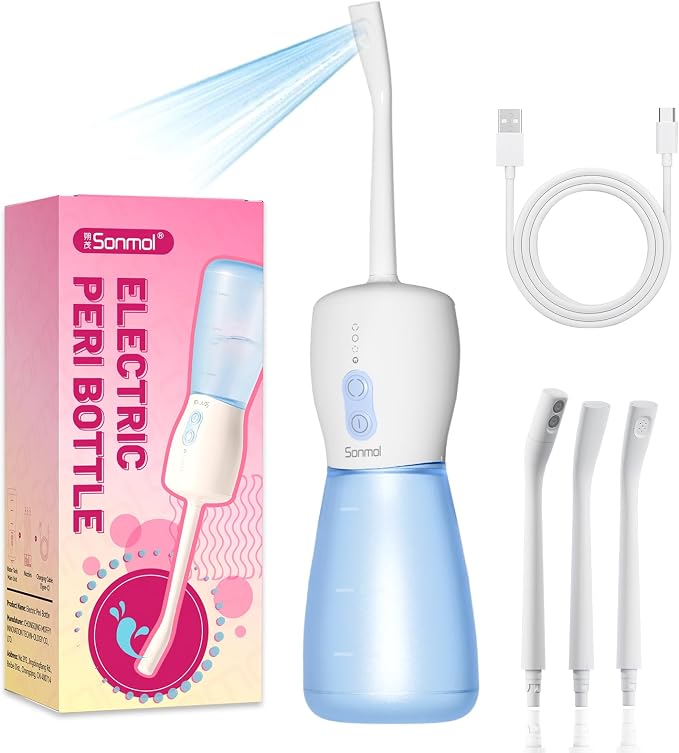 Electric Peri Bottle for Postpartum:3 Nozzles, 3 Modes, Rechargeable | Leak-proof, auto shut-off, 60 uses per charge, one-touch rinsing, spa-like cleansing for all ages